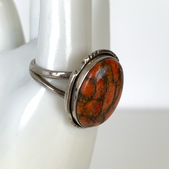 Jewelry - Sterling Silver Ring Oval Red Jasper Split Shank Sz 10.5 Stamped 925 Fiery Vtg